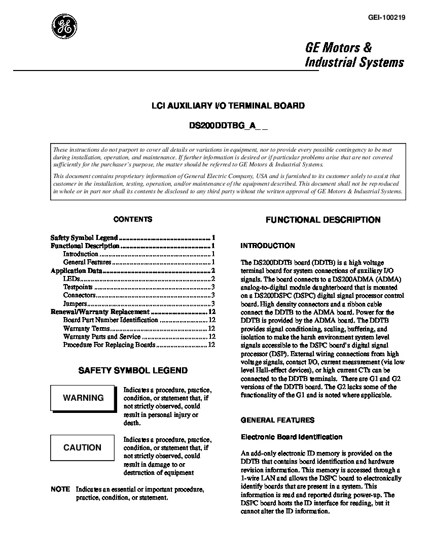 First Page Image of DS200DDTBG1A GEI-100219 LCI Auxiliary IO Terminal Board.pdf